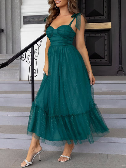 Sexy Sheer Swiss Dots Mesh Lace-Up Sleeveless Maxi Party Dress
