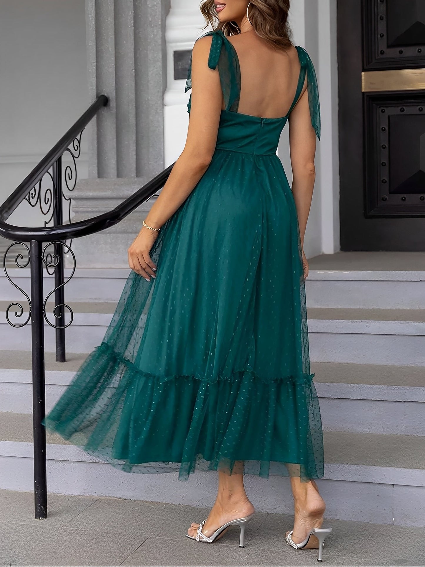 Sexy Sheer Swiss Dots Mesh Lace-Up Sleeveless Maxi Party Dress