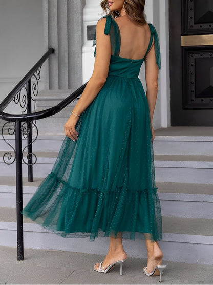 Sexy Sheer Swiss Dots Mesh Lace-Up Sleeveless Maxi Party Dress