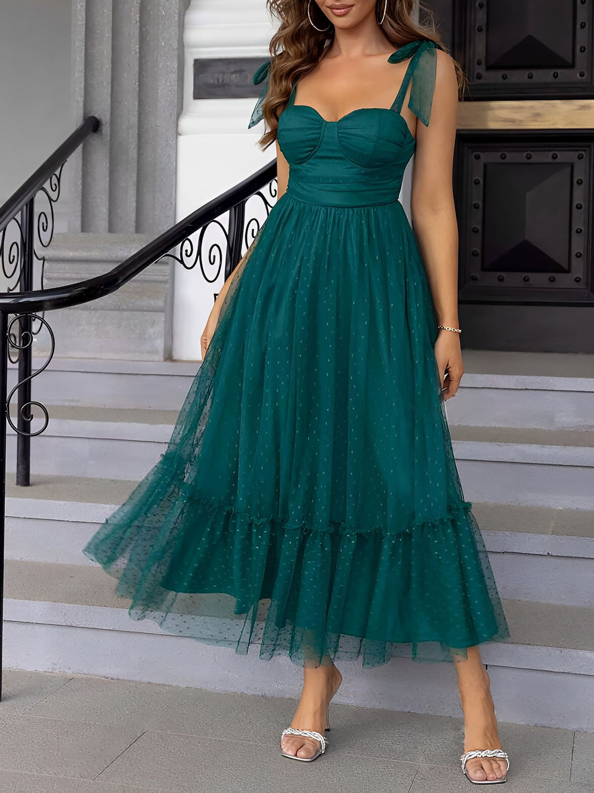 Sexy Sheer Swiss Dots Mesh Lace-Up Sleeveless Maxi Party Dress