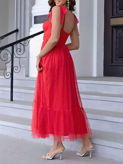 Sexy Sheer Swiss Dots Mesh Lace-Up Sleeveless Maxi Party Dress