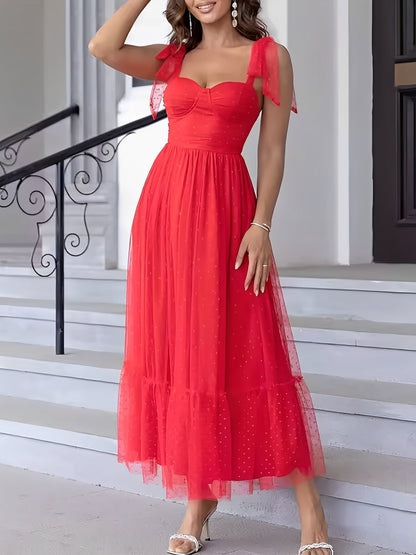 Sexy Sheer Swiss Dots Mesh Lace-Up Sleeveless Maxi Party Dress