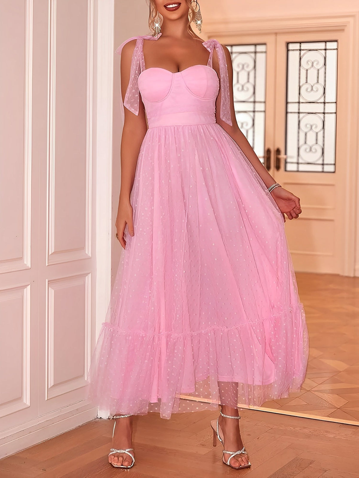 Sexy Sheer Swiss Dots Mesh Lace-Up Sleeveless Maxi Party Dress