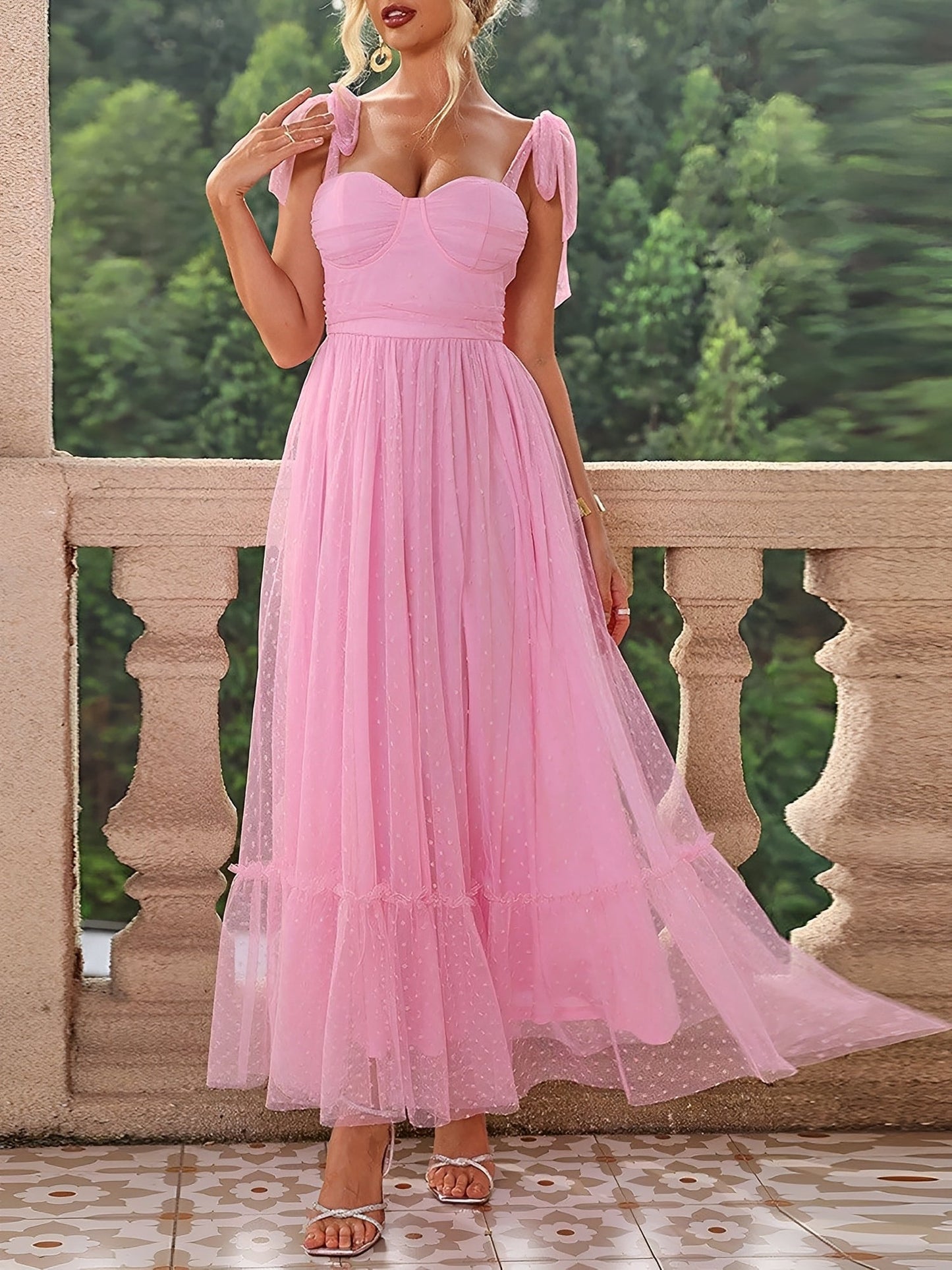 Sexy Sheer Swiss Dots Mesh Lace-Up Sleeveless Maxi Party Dress