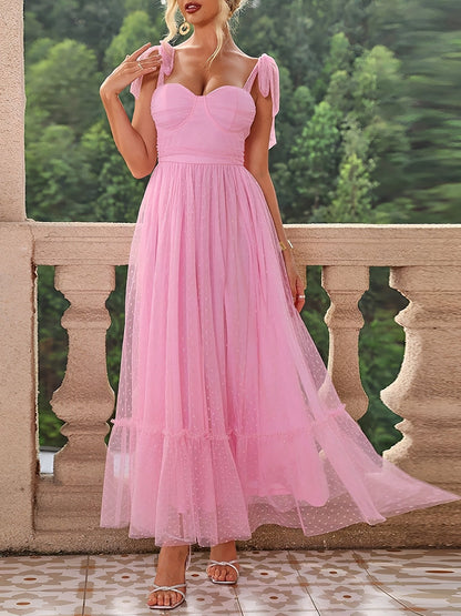 Sexy Sheer Swiss Dots Mesh Lace-Up Sleeveless Maxi Party Dress