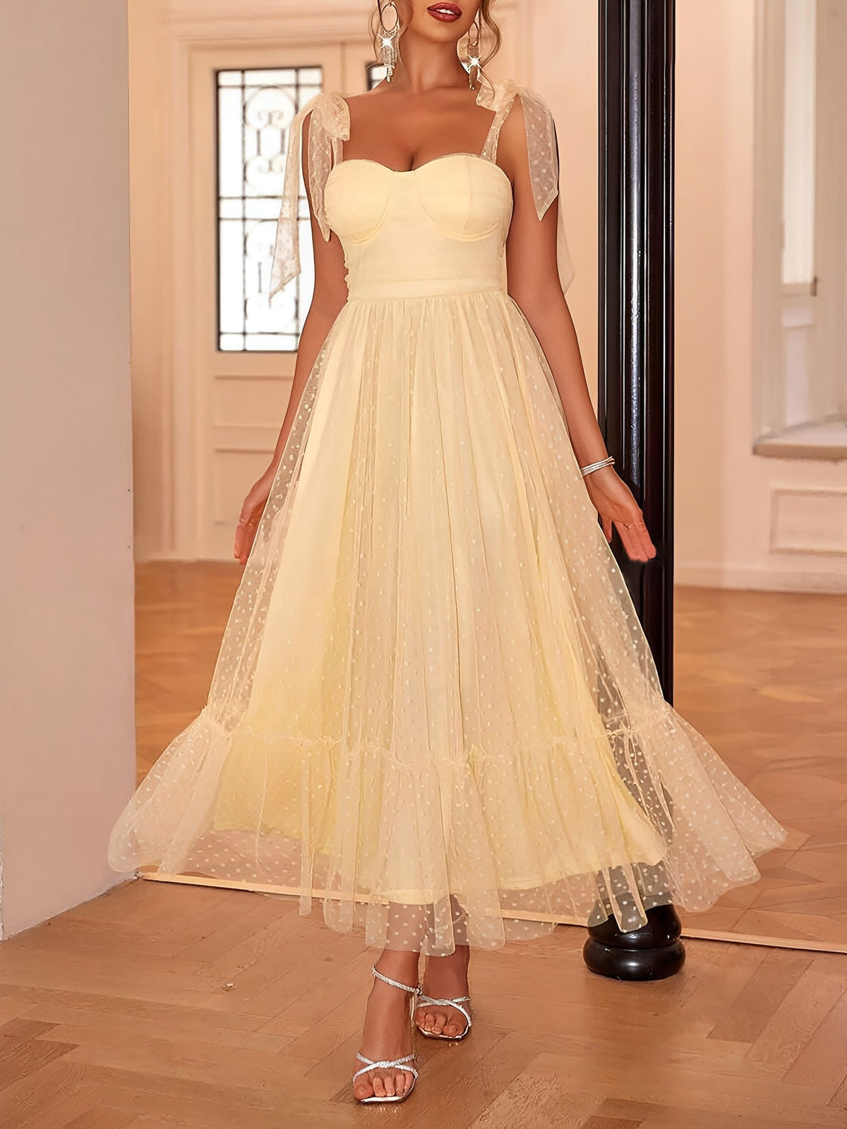 Sexy Sheer Swiss Dots Mesh Lace-Up Sleeveless Maxi Party Dress