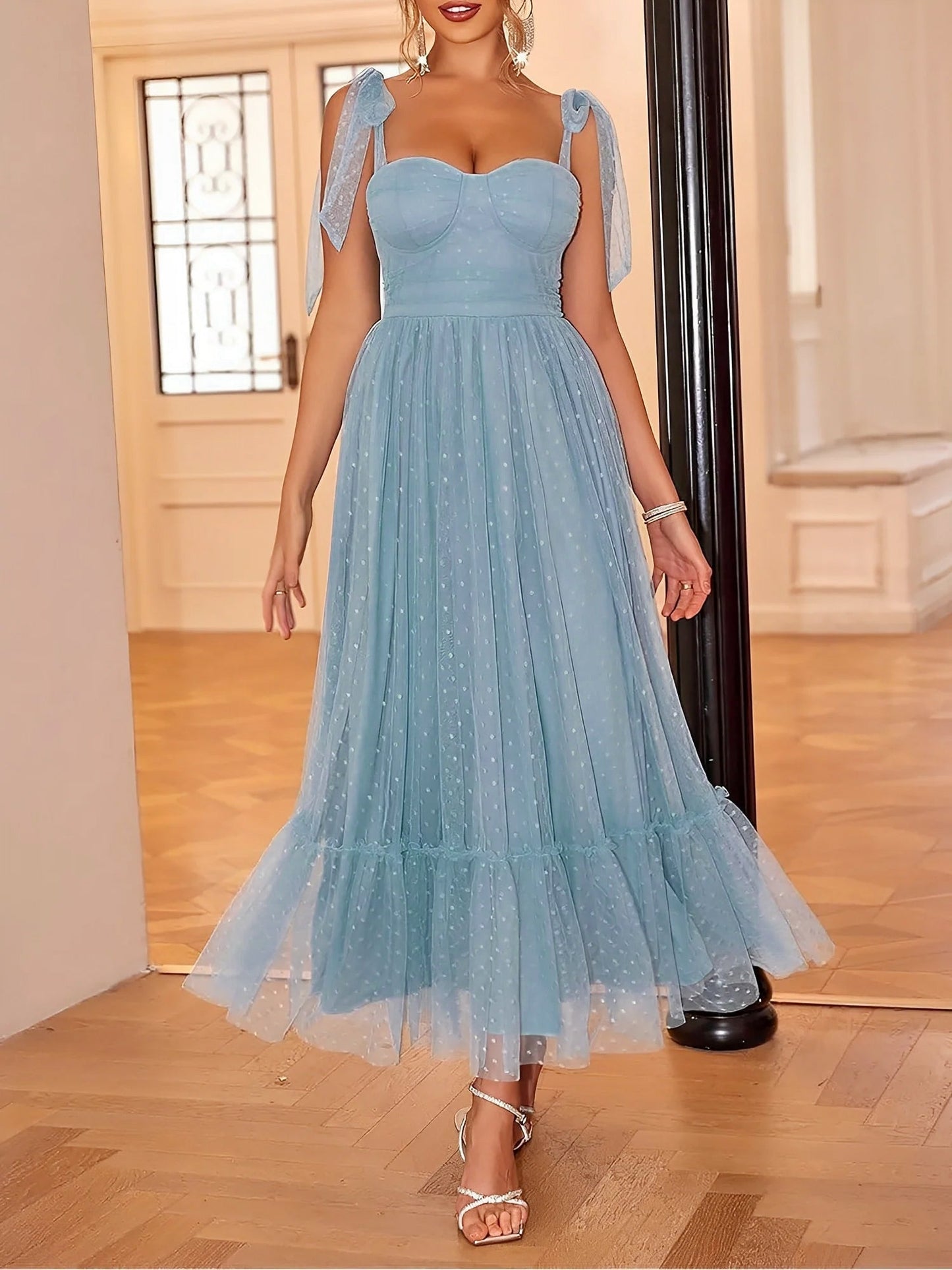 Sexy Sheer Swiss Dots Mesh Lace-Up Sleeveless Maxi Party Dress