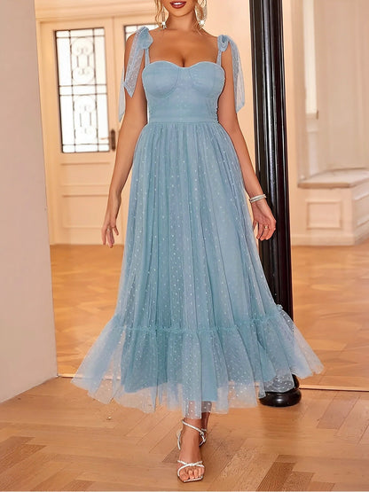Sexy Sheer Swiss Dots Mesh Lace-Up Sleeveless Maxi Party Dress