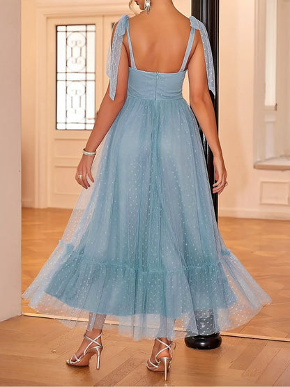 Sexy Sheer Swiss Dots Mesh Lace-Up Sleeveless Maxi Party Dress