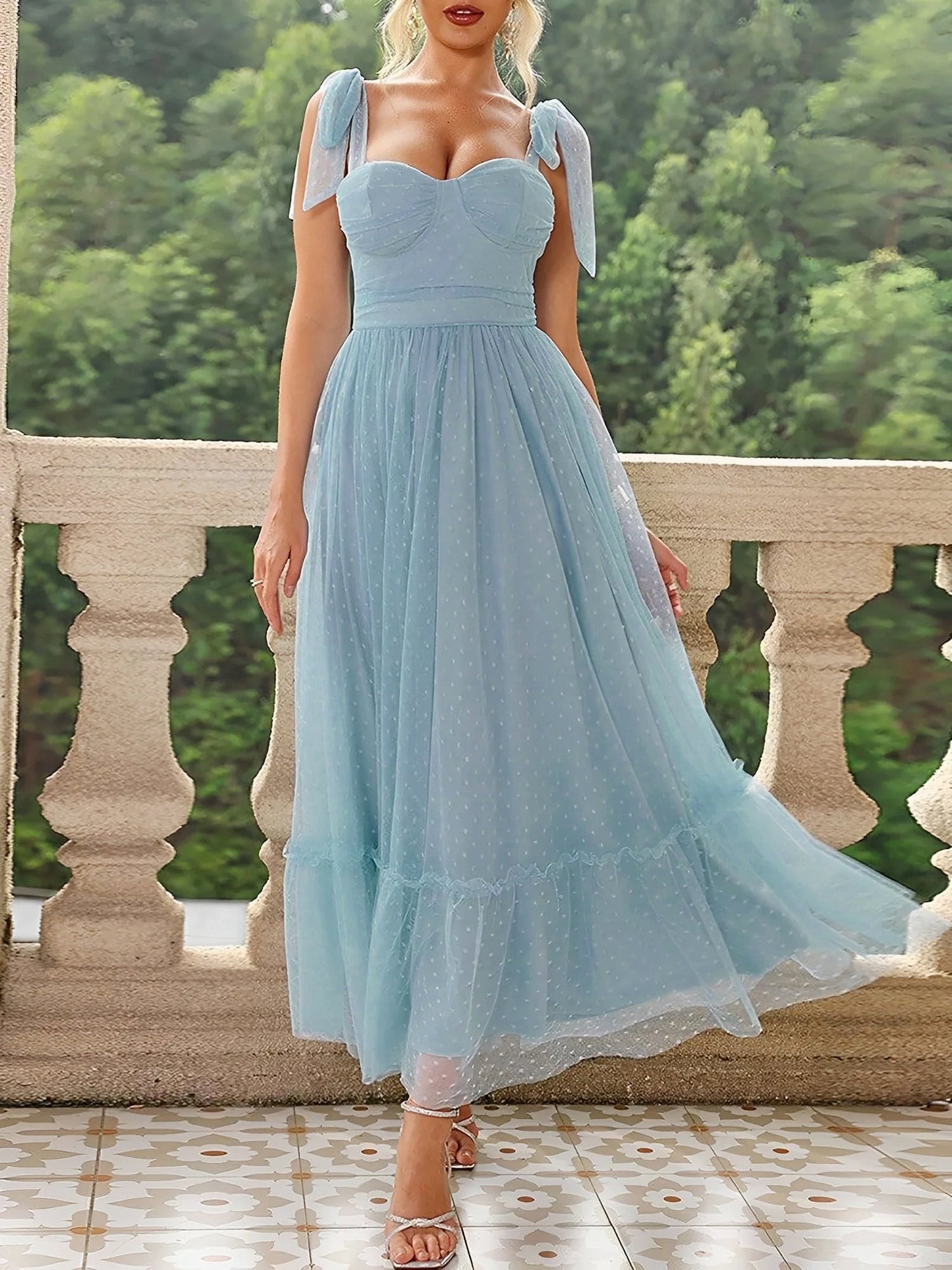 Sexy Sheer Swiss Dots Mesh Lace-Up Sleeveless Maxi Party Dress