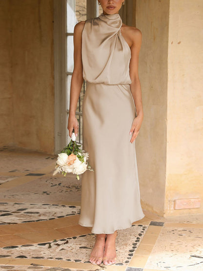 Elegant Halter Ruched Satin Sleeveless Midi Bridesmaid Wedding Party Dress