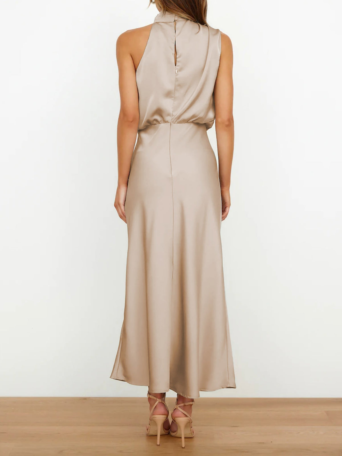 Elegant Halter Ruched Satin Sleeveless Midi Bridesmaid Wedding Party Dress