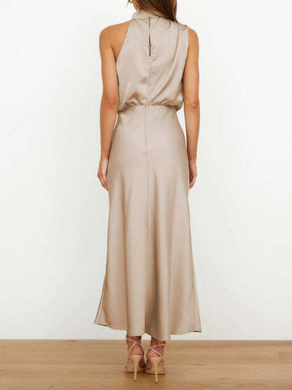 Elegant Halter Ruched Satin Sleeveless Midi Bridesmaid Wedding Party Dress