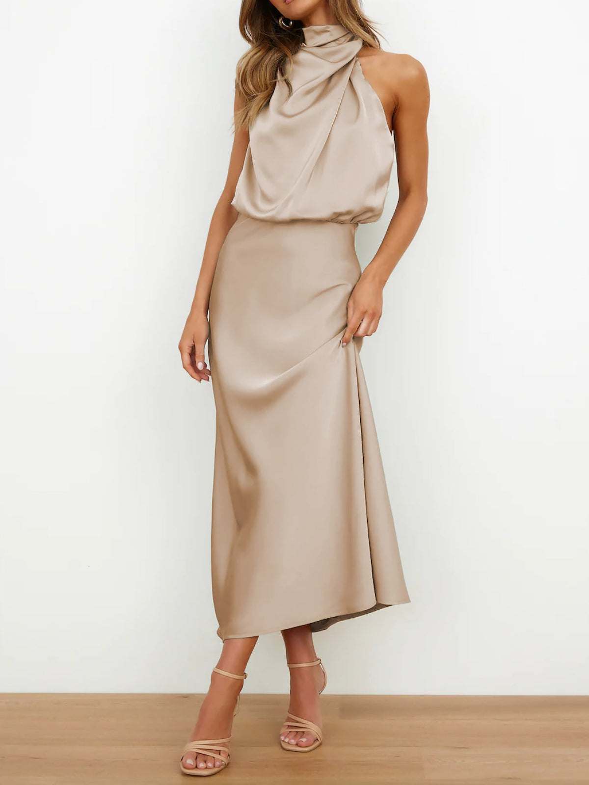 Elegant Halter Ruched Satin Sleeveless Midi Bridesmaid Wedding Party Dress