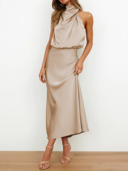Elegant Halter Ruched Satin Sleeveless Midi Bridesmaid Wedding Party Dress
