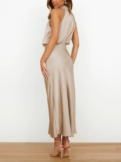Elegant Halter Ruched Satin Sleeveless Midi Bridesmaid Wedding Party Dress