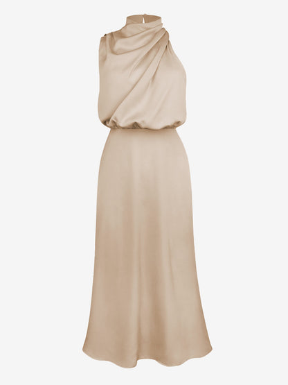 Elegant Halter Ruched Satin Sleeveless Midi Bridesmaid Wedding Party Dress