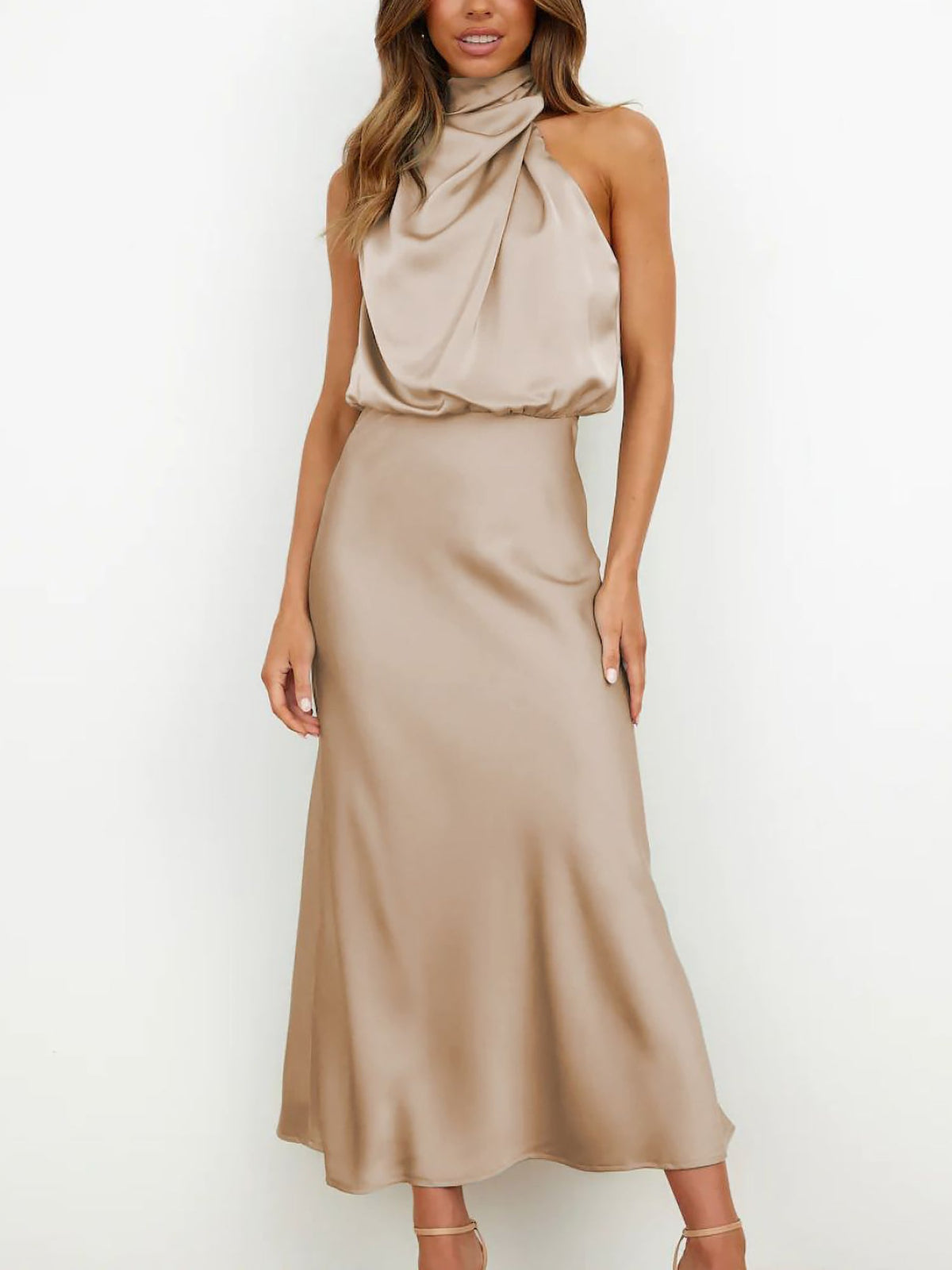 Elegant Halter Ruched Satin Sleeveless Midi Bridesmaid Wedding Party Dress