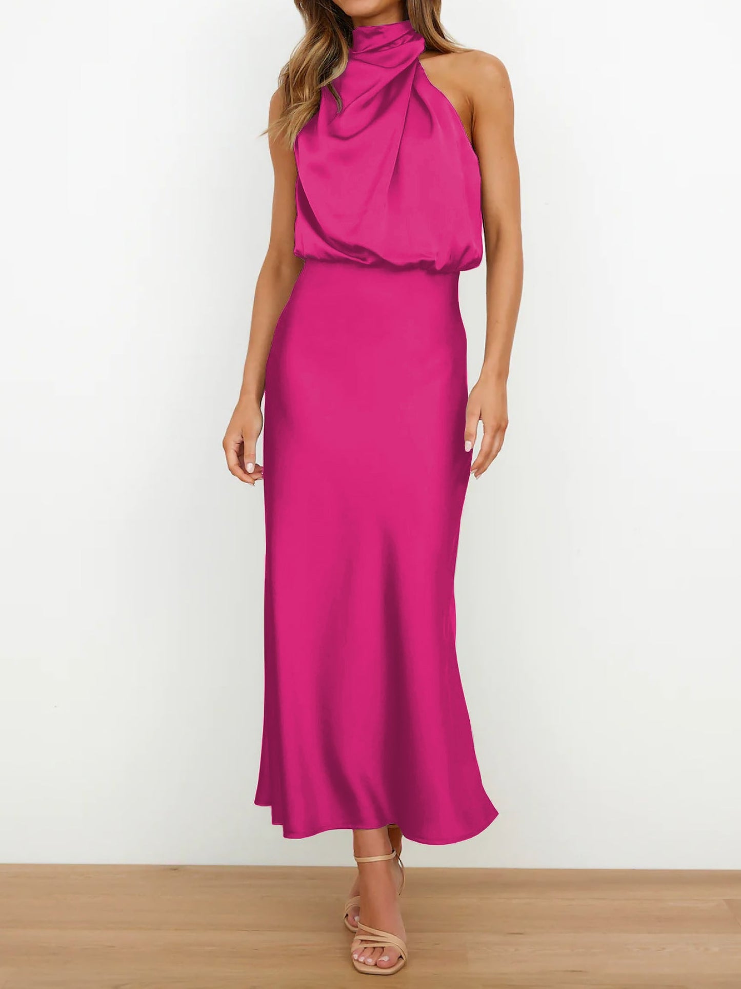 Elegant Halter Ruched Satin Sleeveless Midi Bridesmaid Wedding Party Dress