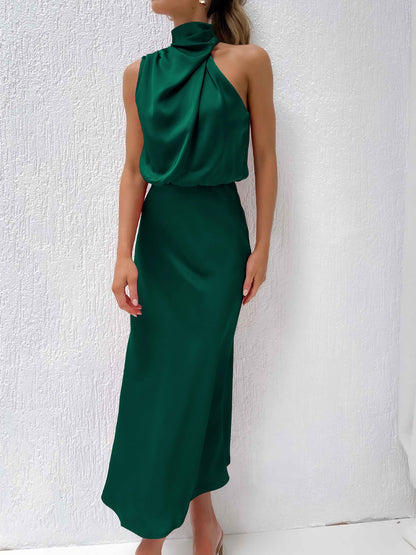 Elegant Halter Ruched Satin Sleeveless Midi Bridesmaid Wedding Party Dress