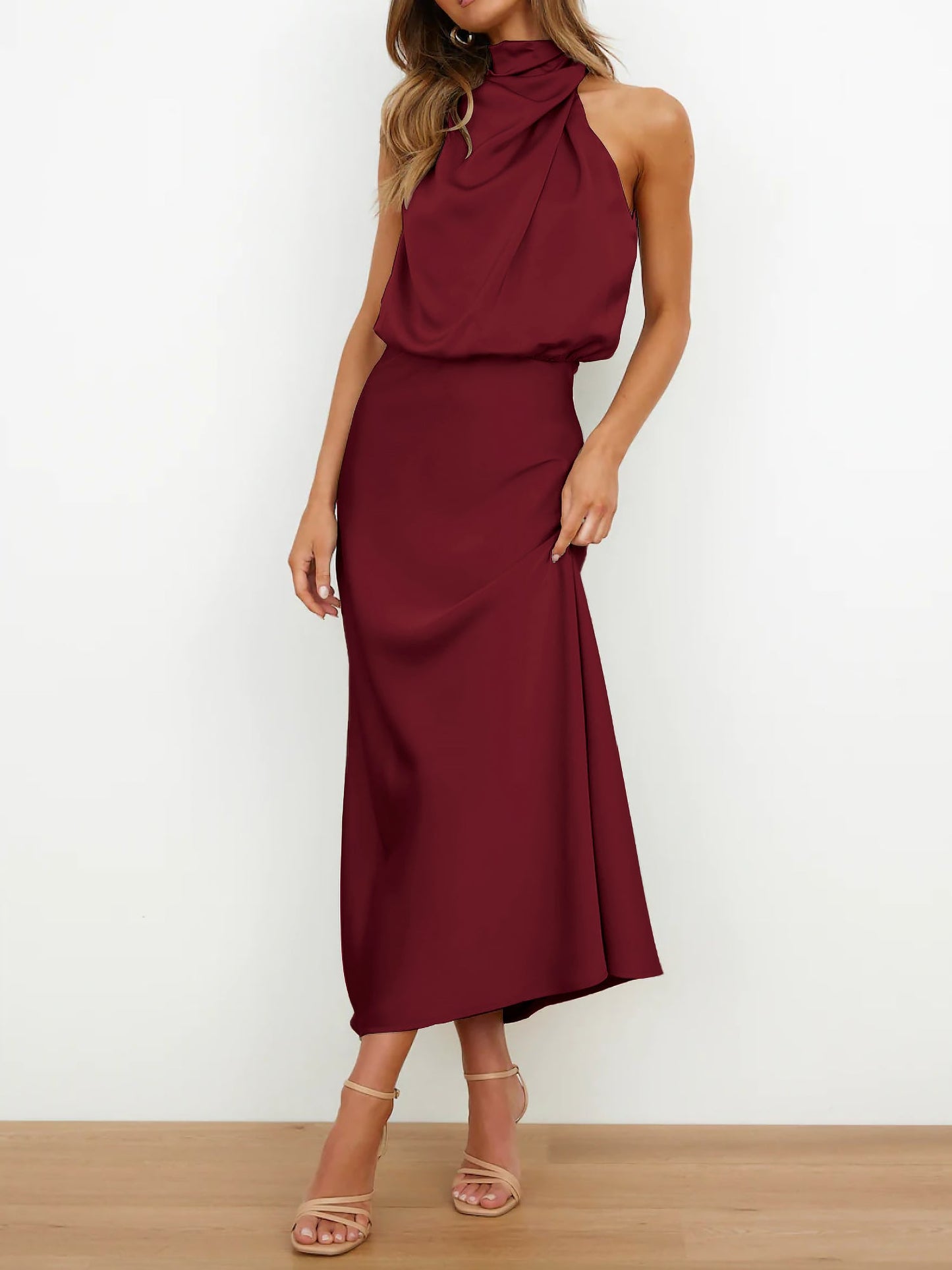 Elegant Halter Ruched Satin Sleeveless Midi Bridesmaid Wedding Party Dress