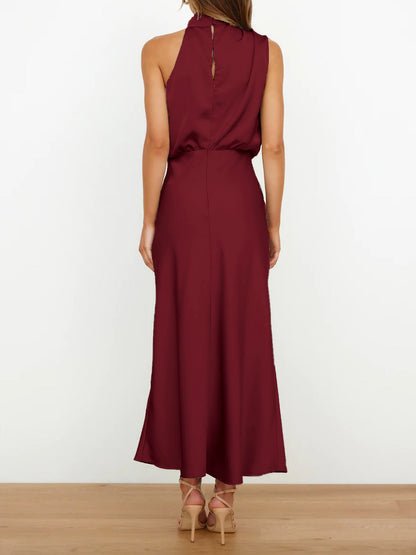 Elegant Halter Ruched Satin Sleeveless Midi Bridesmaid Wedding Party Dress