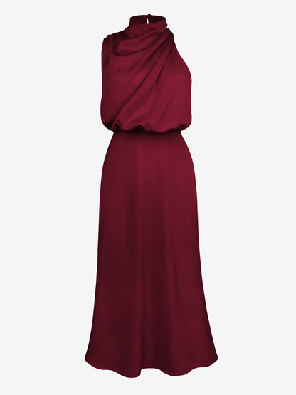 Elegant Halter Ruched Satin Sleeveless Midi Bridesmaid Wedding Party Dress