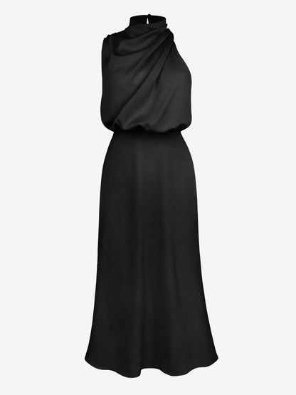 Elegant Halter Ruched Satin Sleeveless Midi Bridesmaid Wedding Party Dress