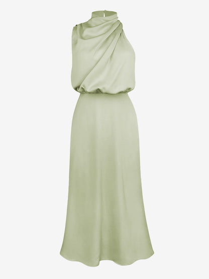 Elegant Halter Ruched Satin Sleeveless Midi Bridesmaid Wedding Party Dress