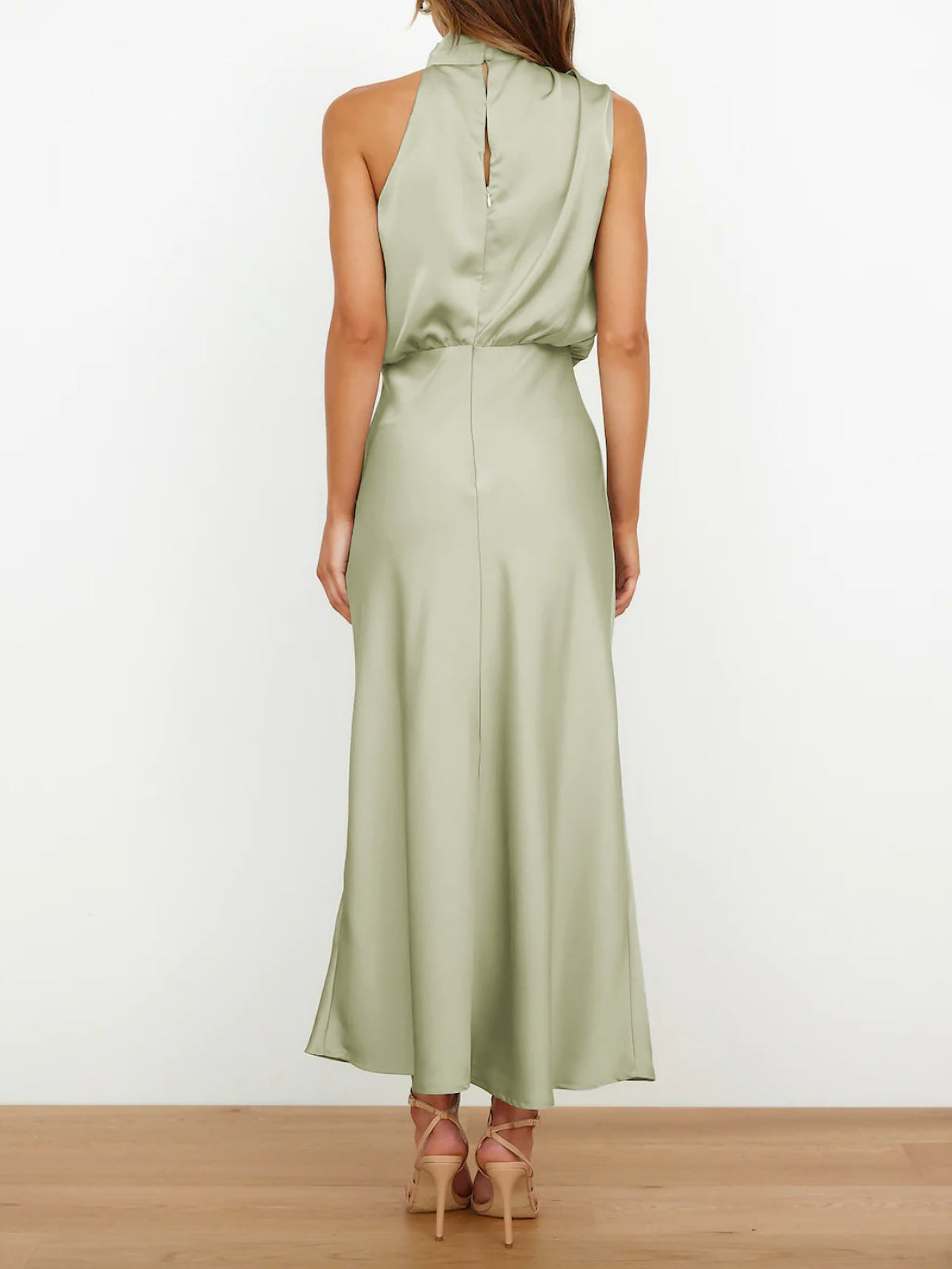 Elegant Halter Ruched Satin Sleeveless Midi Bridesmaid Wedding Party Dress