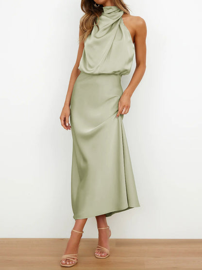 Elegant Halter Ruched Satin Sleeveless Midi Bridesmaid Wedding Party Dress