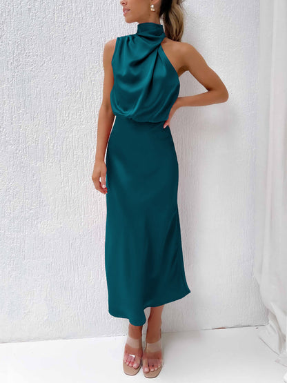 Elegant Halter Ruched Satin Sleeveless Midi Bridesmaid Wedding Party Dress