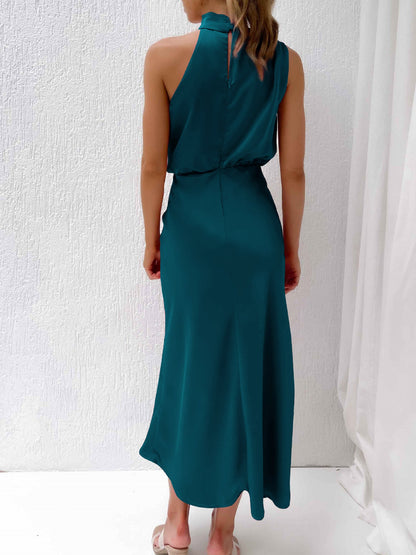 Elegant Halter Ruched Satin Sleeveless Midi Bridesmaid Wedding Party Dress