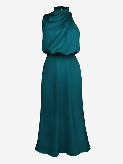 Elegant Halter Ruched Satin Sleeveless Midi Bridesmaid Wedding Party Dress
