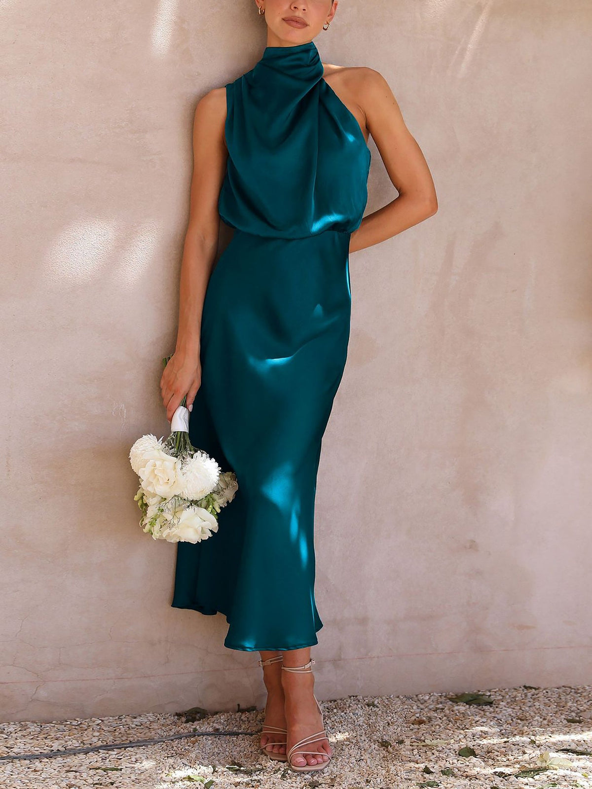 Elegant Halter Ruched Satin Sleeveless Midi Bridesmaid Wedding Party Dress