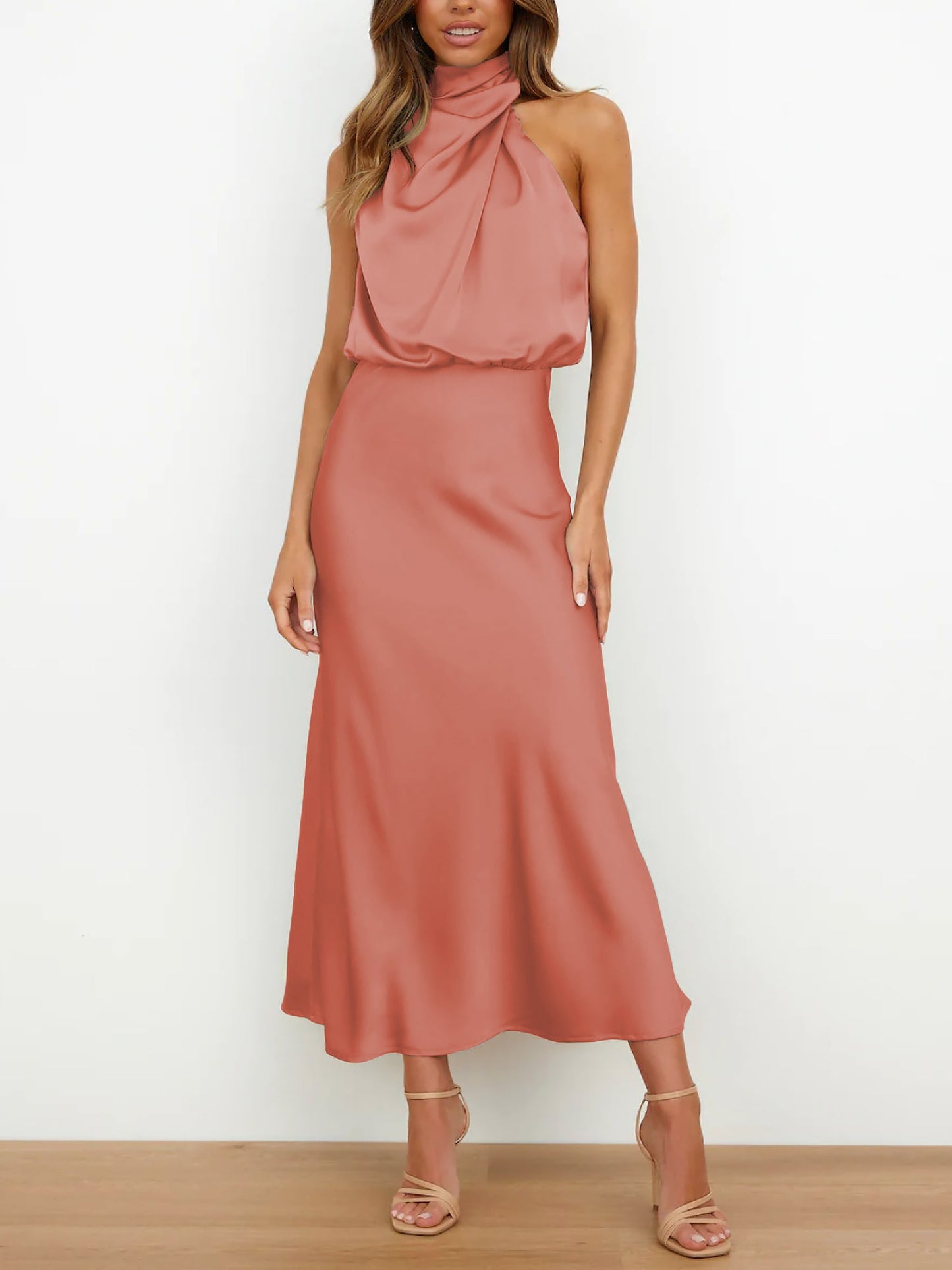 Elegant Halter Ruched Satin Sleeveless Midi Bridesmaid Wedding Party Dress