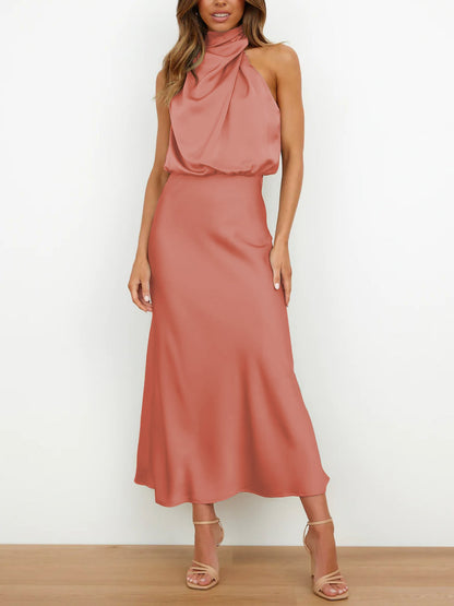 Elegant Halter Ruched Satin Sleeveless Midi Bridesmaid Wedding Party Dress
