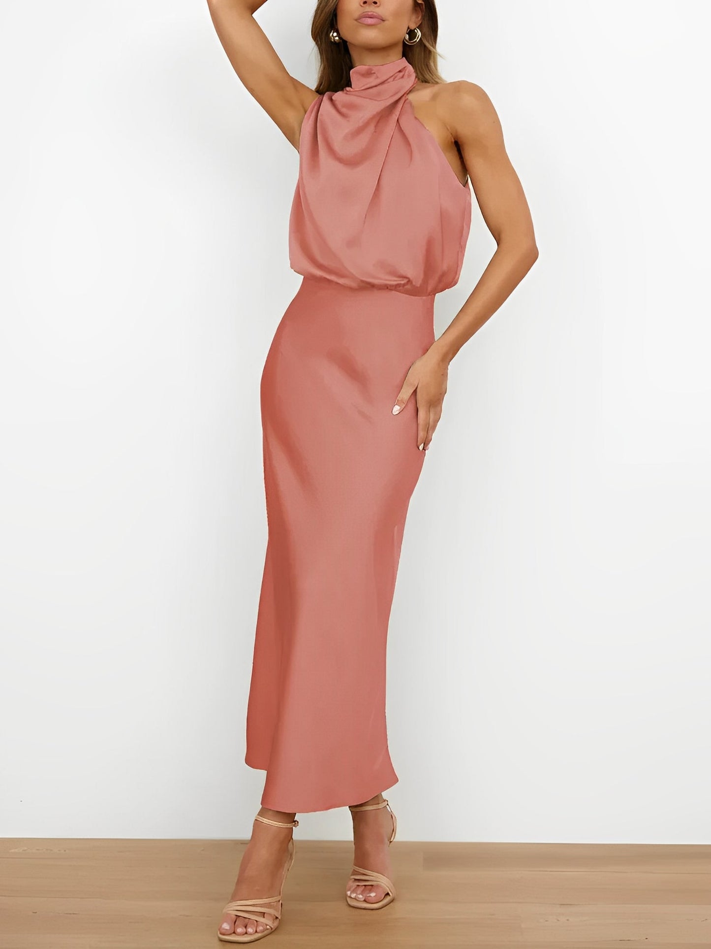 Elegant Halter Ruched Satin Sleeveless Midi Bridesmaid Wedding Party Dress