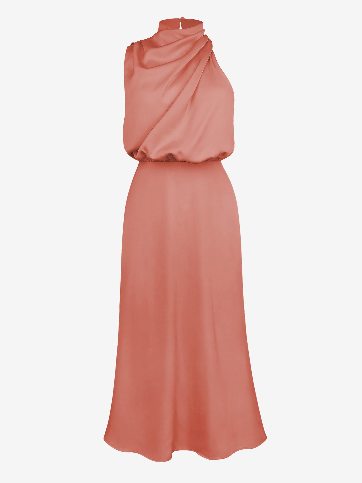 Elegant Halter Ruched Satin Sleeveless Midi Bridesmaid Wedding Party Dress