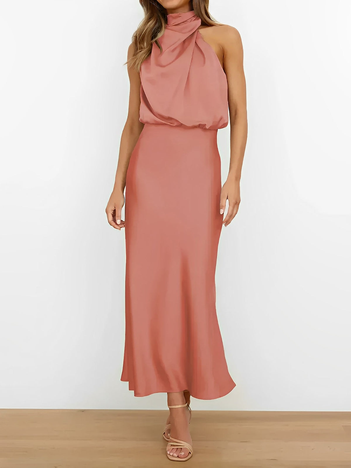 Elegant Halter Ruched Satin Sleeveless Midi Bridesmaid Wedding Party Dress