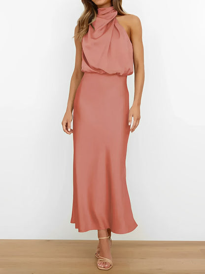 Elegant Halter Ruched Satin Sleeveless Midi Bridesmaid Wedding Party Dress