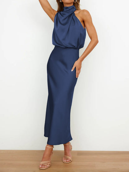 Elegant Halter Ruched Satin Sleeveless Midi Bridesmaid Wedding Party Dress