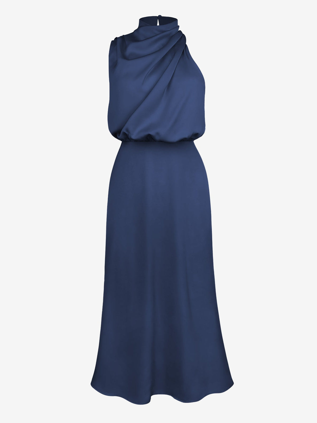 Elegant Halter Ruched Satin Sleeveless Midi Bridesmaid Wedding Party Dress