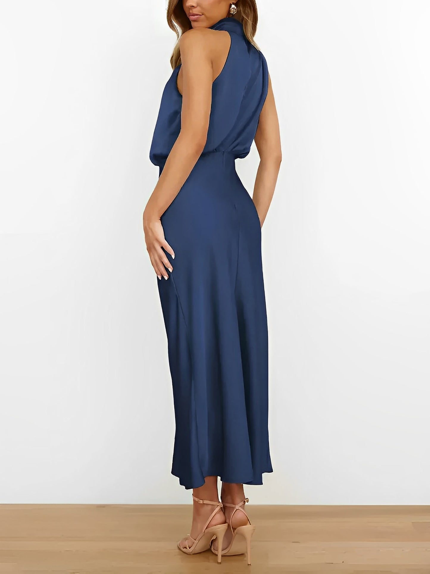 Elegant Halter Ruched Satin Sleeveless Midi Bridesmaid Wedding Party Dress