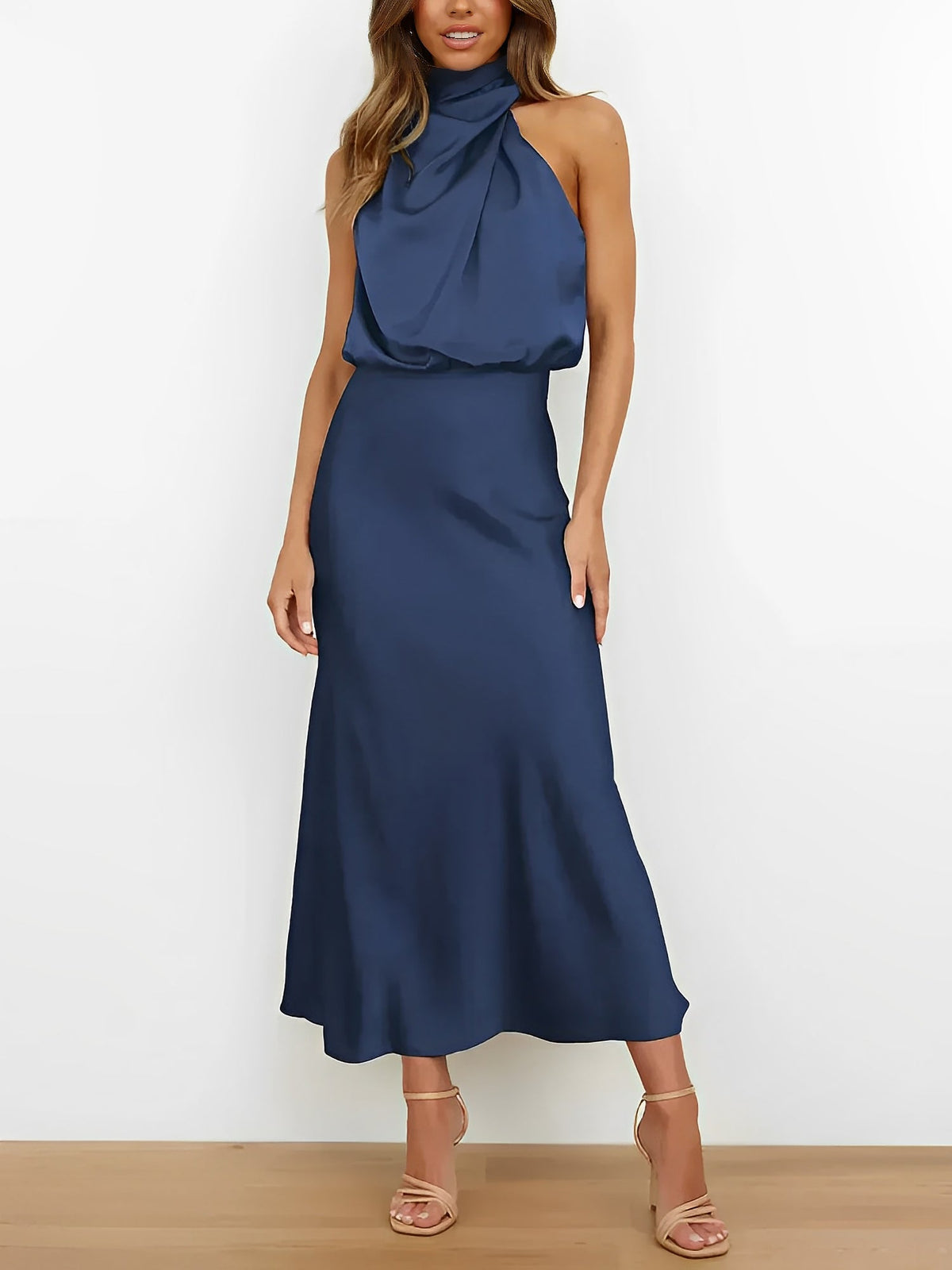 Elegant Halter Ruched Satin Sleeveless Midi Bridesmaid Wedding Party Dress