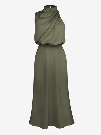 Elegant Halter Ruched Satin Sleeveless Midi Bridesmaid Wedding Party Dress