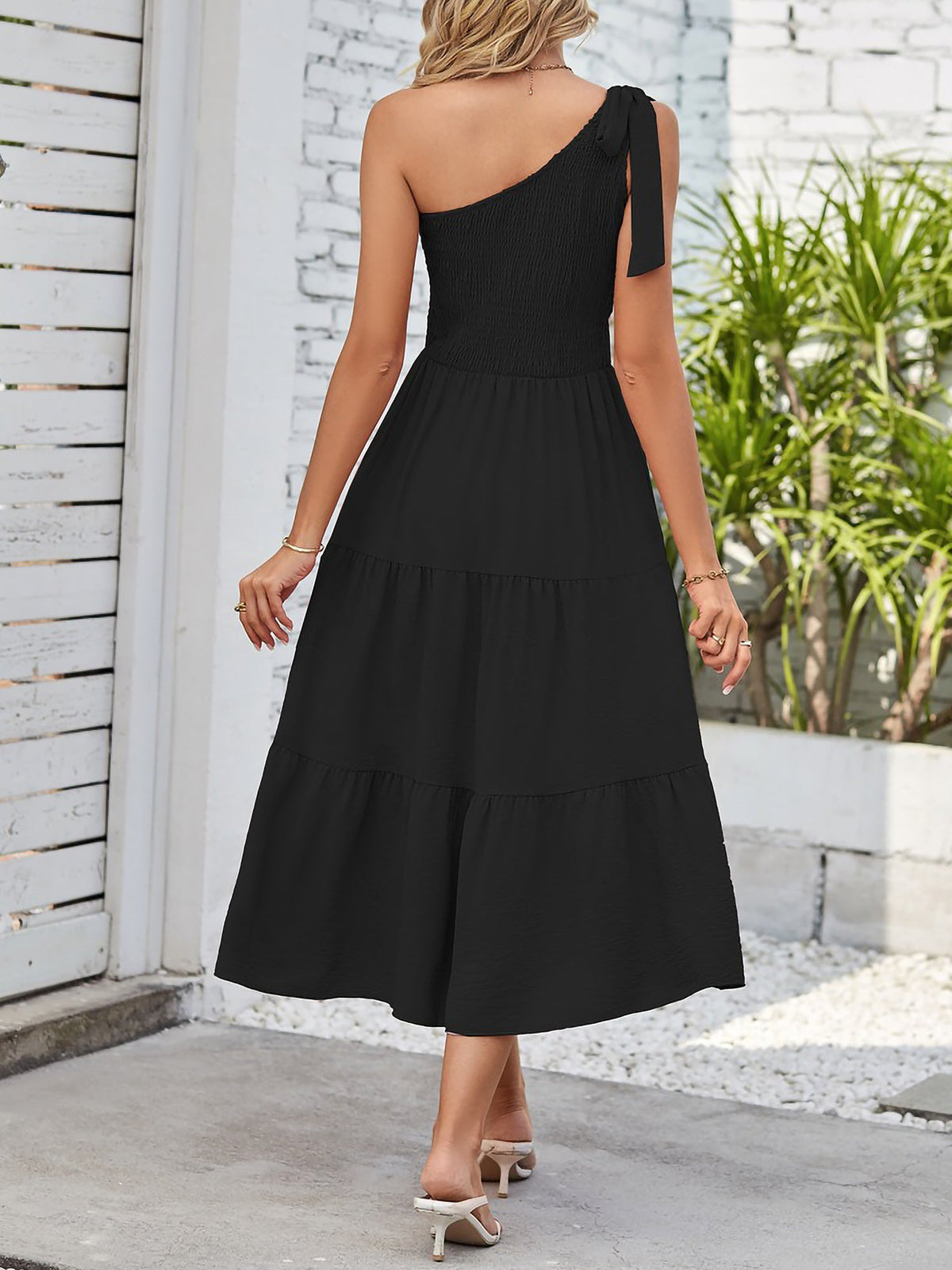 Elastic Smocking & Asymmetric Slit Sleeveless Tiered Party Night Elegant Dress