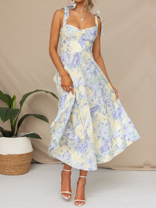 Boho All-Over Bloom Print Floral Adjustable Lace-Up Sleeveless A-Line Midi Dress