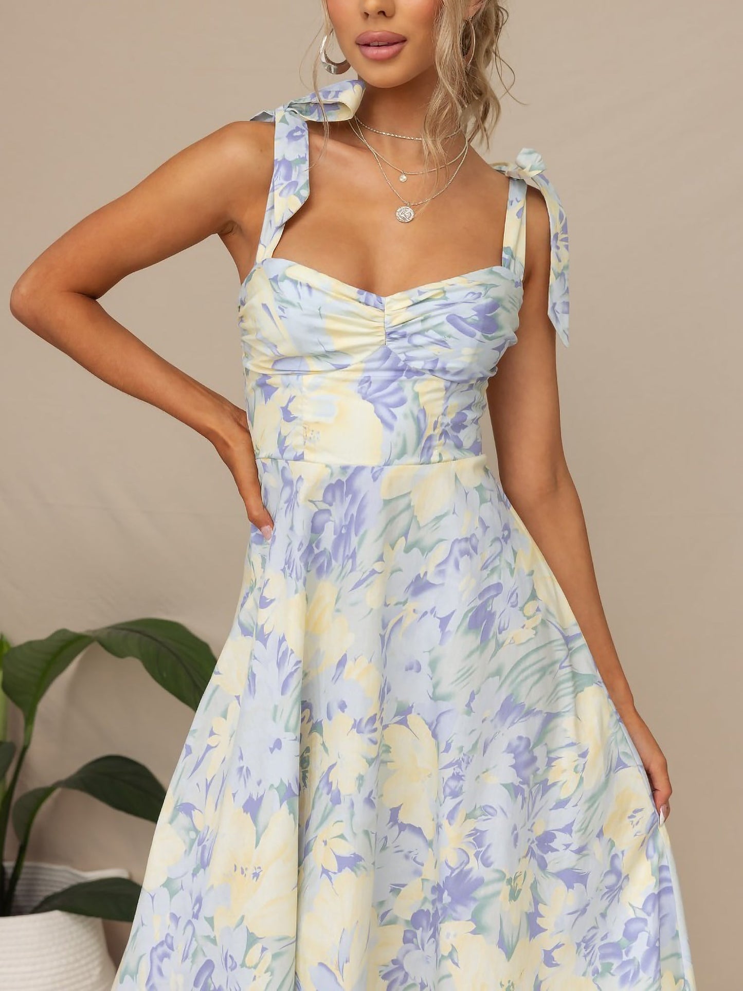 Boho All-Over Bloom Print Floral Adjustable Lace-Up Sleeveless A-Line Midi Dress