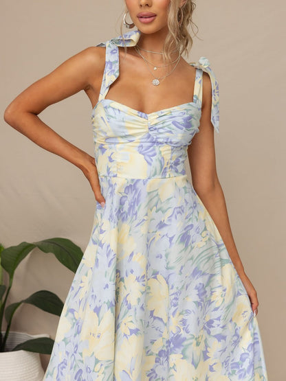 Boho All-Over Bloom Print Floral Adjustable Lace-Up Sleeveless A-Line Midi Dress